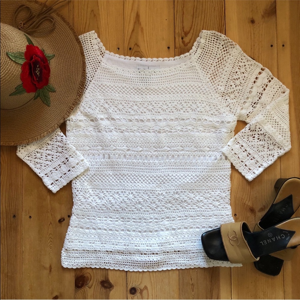 WHBM Crochet 3/4 Sleeve White Sweater Top